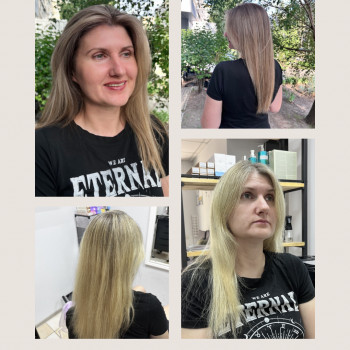 Затемнення блонду після багаторазового мелірування в техніці рельєф+догляд