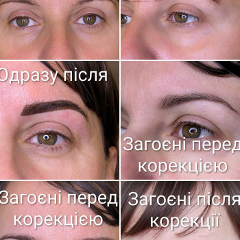 Перманентний макіяж брів. На фото показані всі етапи : Перша зустріч -ескіз майбутніх брів. - нанесення пігменту Друга зустріч - загоєні брови перед корекцією. Фінальний результат - загоєні брови після корекції ( фото від клієнта)