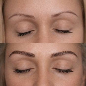 До / Після Пудрові брови - волоскова техніка Натуральний ефект без “перетатуажу” Підбір форми під риси обличчя