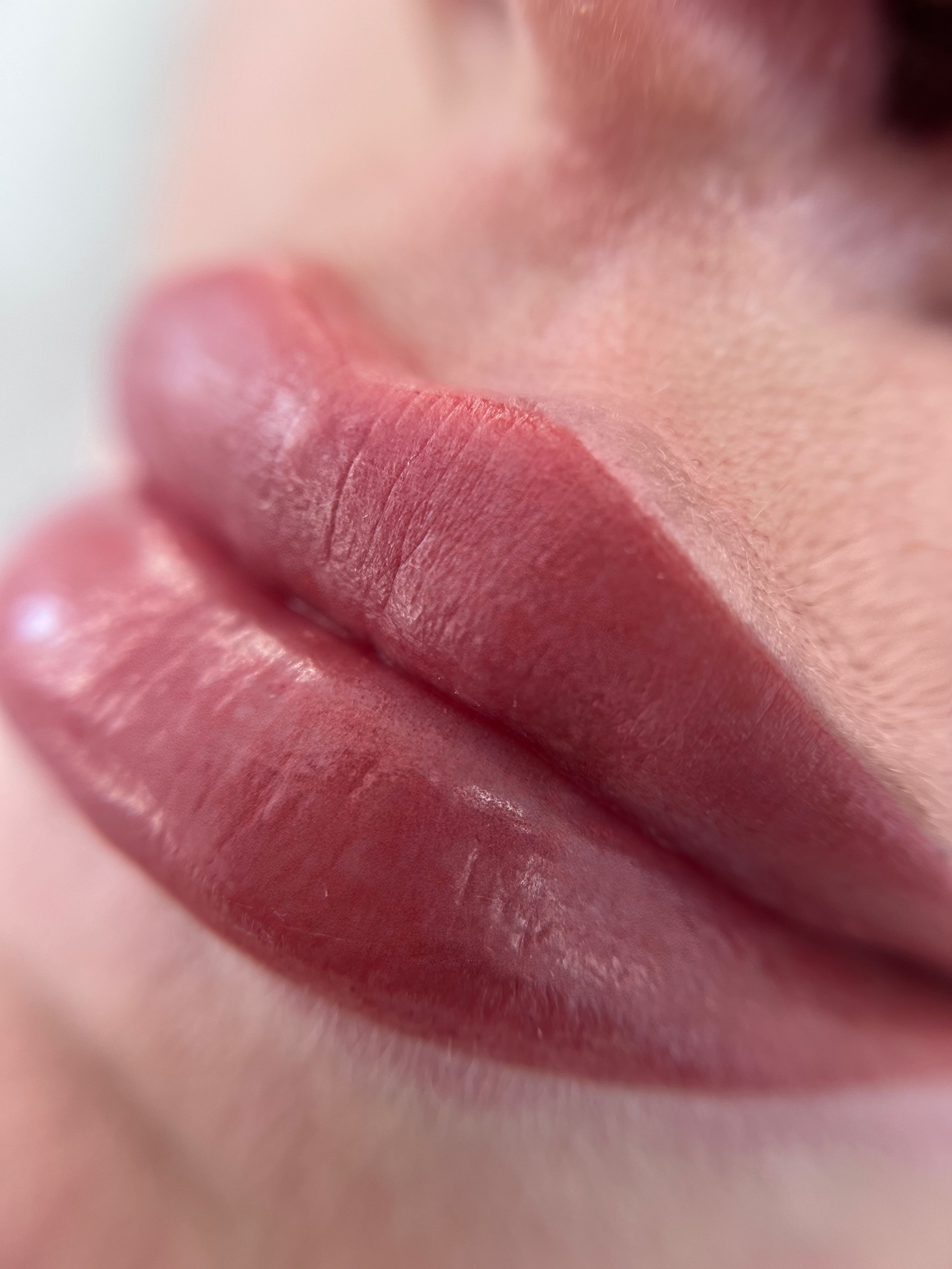 Макро результат Делікатне напилення, м’який перехід кольору Ефект доглянутих губ без помади, фото - Майстер татуажу Анастасия Берник