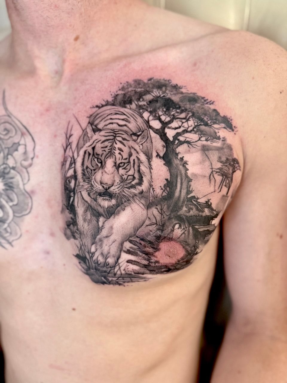 Тату на грудях: тигр у природному пейзажі з деревом, чорно-сірий реалізм., фото - Тату салон ДІН ГИОР татуювання та пірсинг
