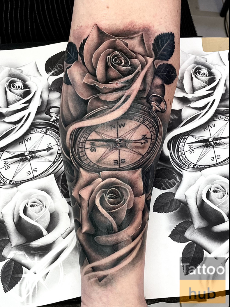На руке предплечье роза, фото - Тату салон Tattoo hub