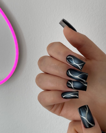 Черный маникюр на длинные ногти квадратные, фото - Студия красоты Kris Nails Studio