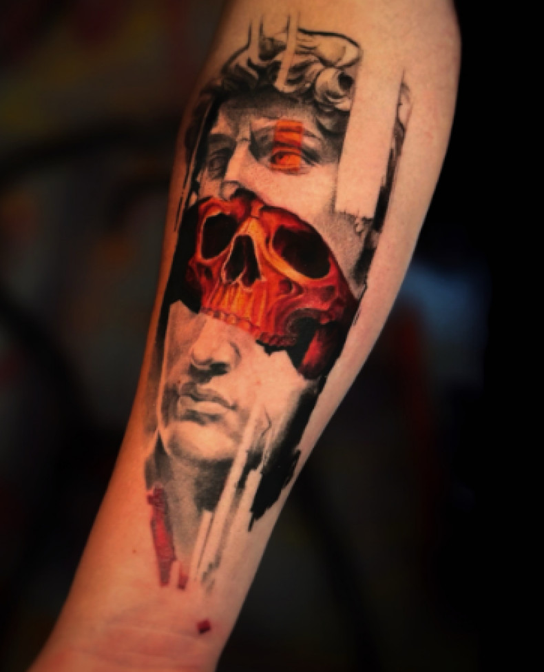 На предплечье череп цветные, фото - Тату салон Smile Tattoo