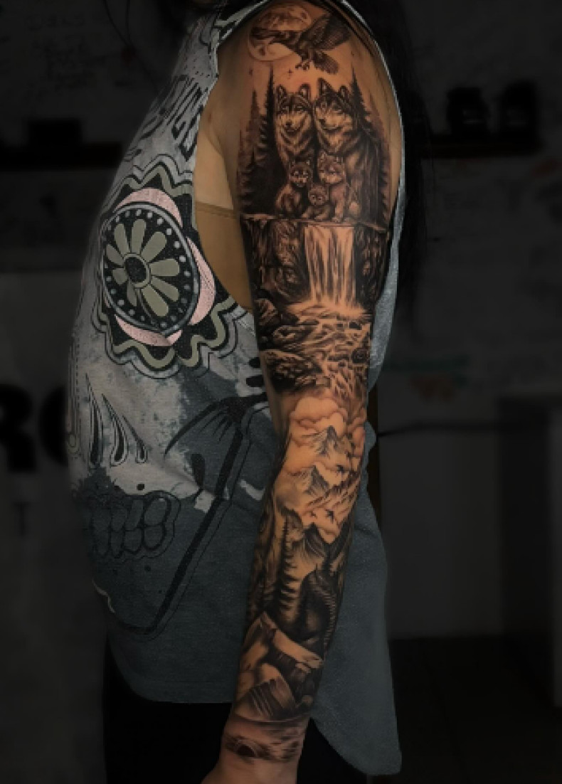 Волк на руке рукав, фото - Тату салон TATTOO LAMARCH