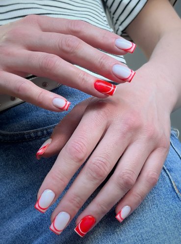 Білий манікюр червоний французький, фото - Нігтьова студія Mood Nails
