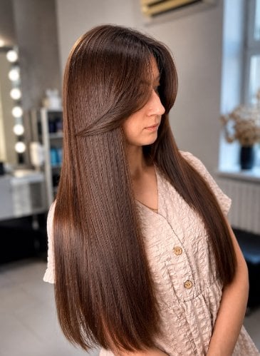 Стрижка на довге волосся жіноча з чолкою, фото - Студія краси The Salon