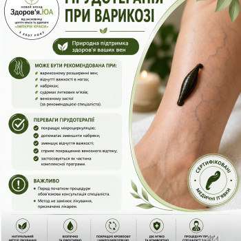 Гірудотерапія при варикозі: медичні п’явки застосовуються у комплексних програмах при варикозному розширенні вен, відчутті важкості та набряках ніг. Може сприяти покращенню місцевого кровообігу та зменшенню набряклості. Процедура проводиться після консультації спеціаліста.