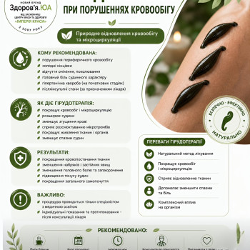 Гірудотерапія при порушеннях кровообігу: медичні п’явки застосовуються у комплексних програмах для покращення мікроциркуляції та периферичного кровообігу, при відчутті холоду, оніміння й поколювання в кінцівках, схильності до набряків. Процедура проводиться після консультації спеціаліста.