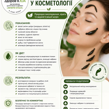 Гірудотерапія в косметології: застосування медичних п’явок у комплексних програмах догляду за шкірою. Може сприяти покращенню мікроциркуляції, зменшенню набряклості, покращенню тонусу, кольору та загального стану шкіри. Індивідуальна схема після консультації спеціаліста.
