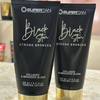 SUPERTAN Black Star Strong Bronzer — професійний крем-бронзатор для солярію для отримання більш насиченого, глибокого та виразного відтінку засмаги. Формула з комплексом бронзаторів і колагеном допомагає доглядати за шкірою під час засмаги. Ідеальний вибір для тих, хто хоче підсилити результат сеансу. У продажі від 1 грама — не обов’язково купувати цілий тюбик.