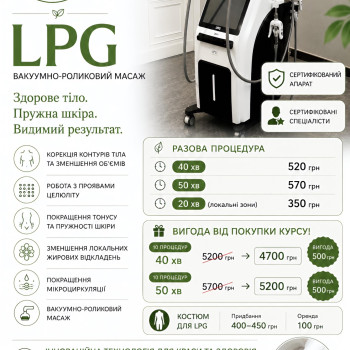 LPG вакуумно-роликовий масаж — обирайте зручну тривалість процедури: 20, 40 або 50 хвилин. Для курсу від 10 процедур діє спеціальна ціна — проходити курс завжди вигідніше. Працюємо на сертифікованому апараті, процедуру виконують сертифіковані спеціалісти.