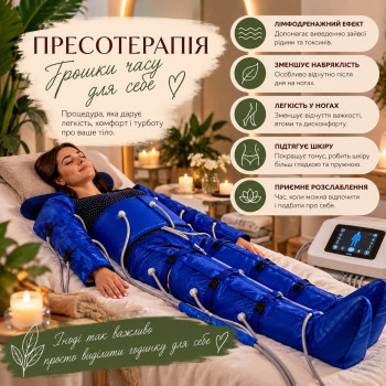 Пресотерапія має лімфодренажний ефект, допомагає зменшити відчуття важкості та набряклості, особливо після дня на ногах.