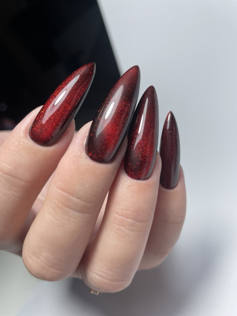 Бордовий манікюр на довгі нігті котяче око, фото - Салон краси Vivienne beauty
