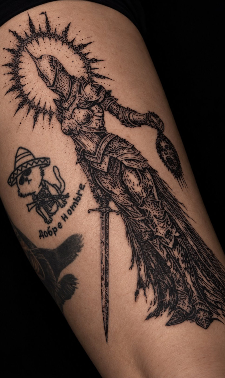 Меч череп черно-белые, фото - Тату салон Zoria Tattoo