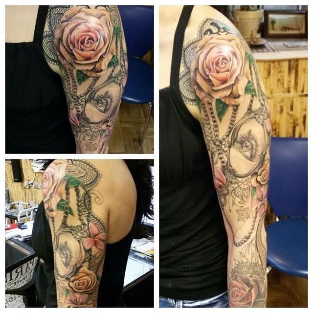 Женские рукав роза, фото - Тату мастер Дмитрий Цилик