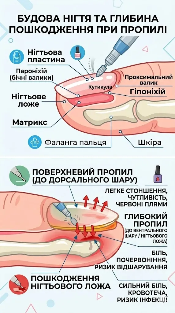 Інфографіка: Пошкодження нігтя після пропилу під час зняття гель-лаку