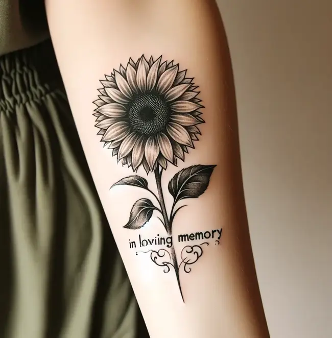 Татуювання соняшника з написом in loving memory.
