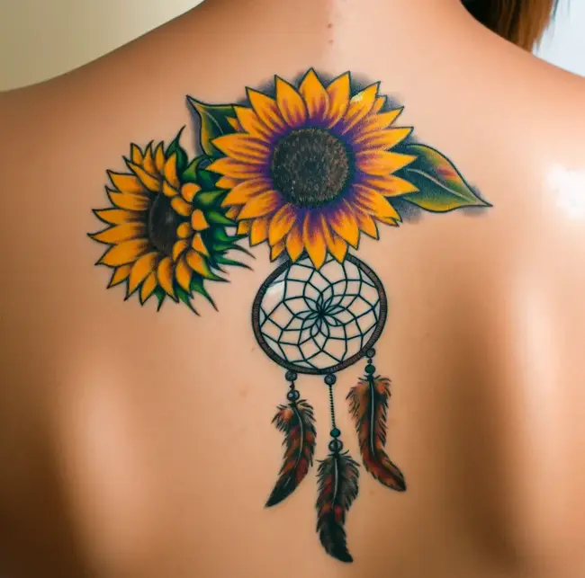 Татуювання зображує соняшник та ловця снів на верхній частині спини.