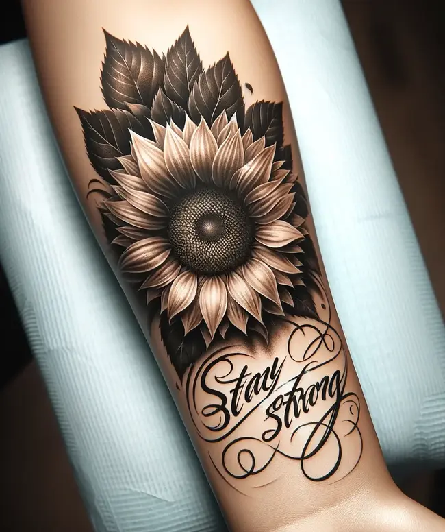 Татуювання деталізованого соняшника та напис stay strong.